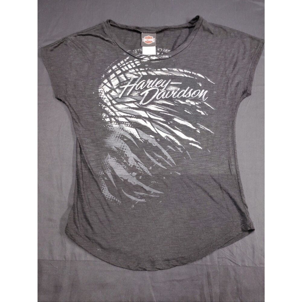 Vintage Sexy Harley-Davidson Black Curved Hem Tee with White Feather Graphic